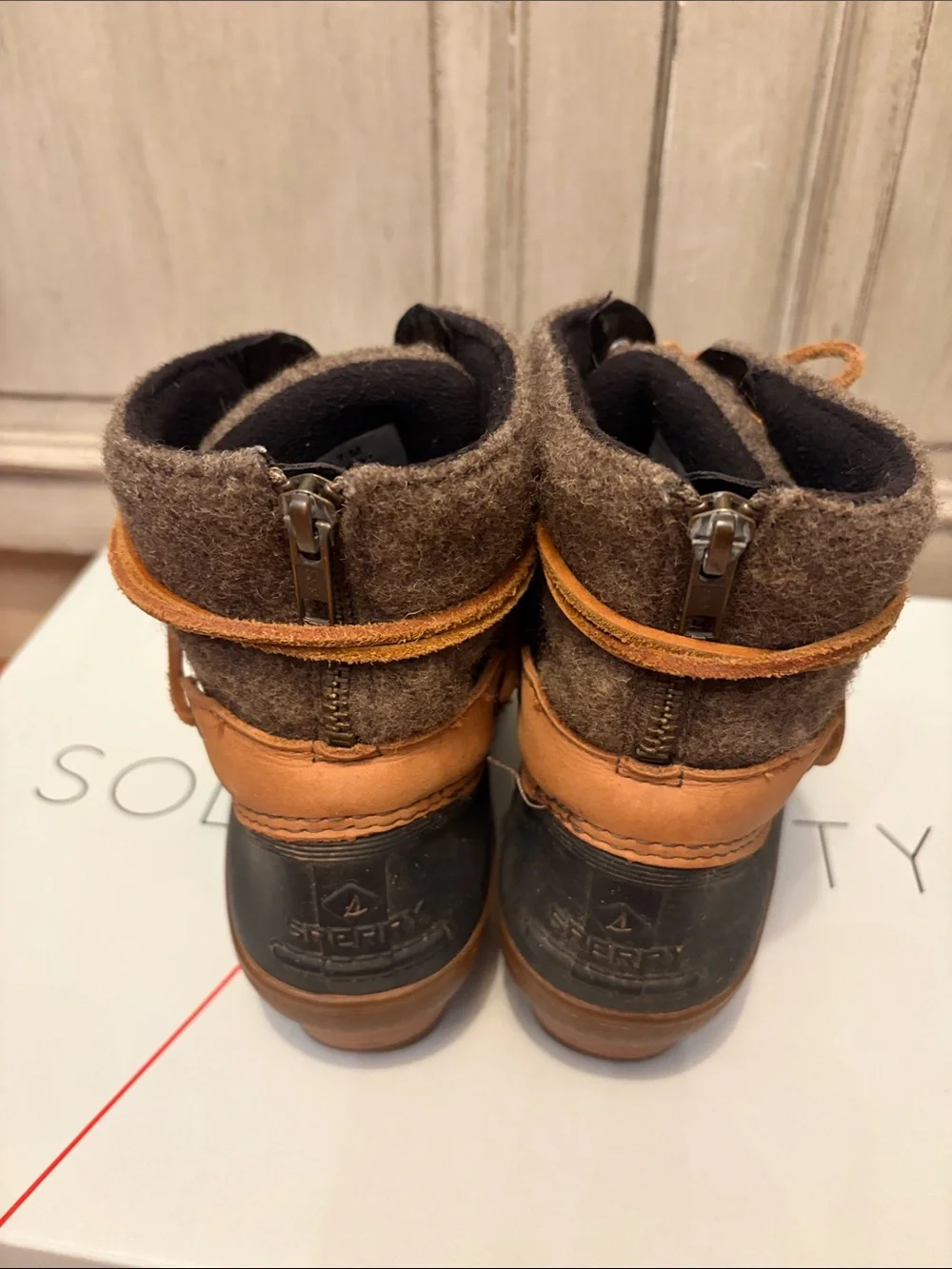 Sperry Brown Wool Upper Black Rubber Duck Boots with Tan Laces